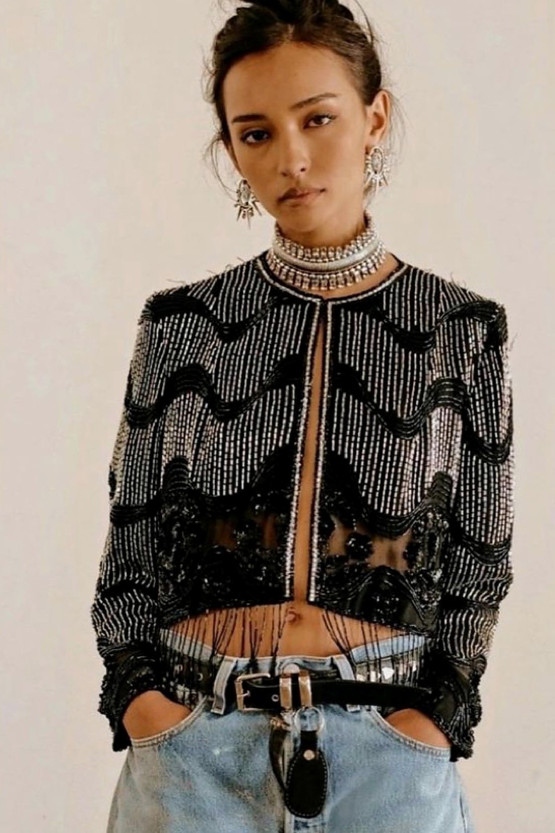 Hand-beaded black and silver cropped jacket