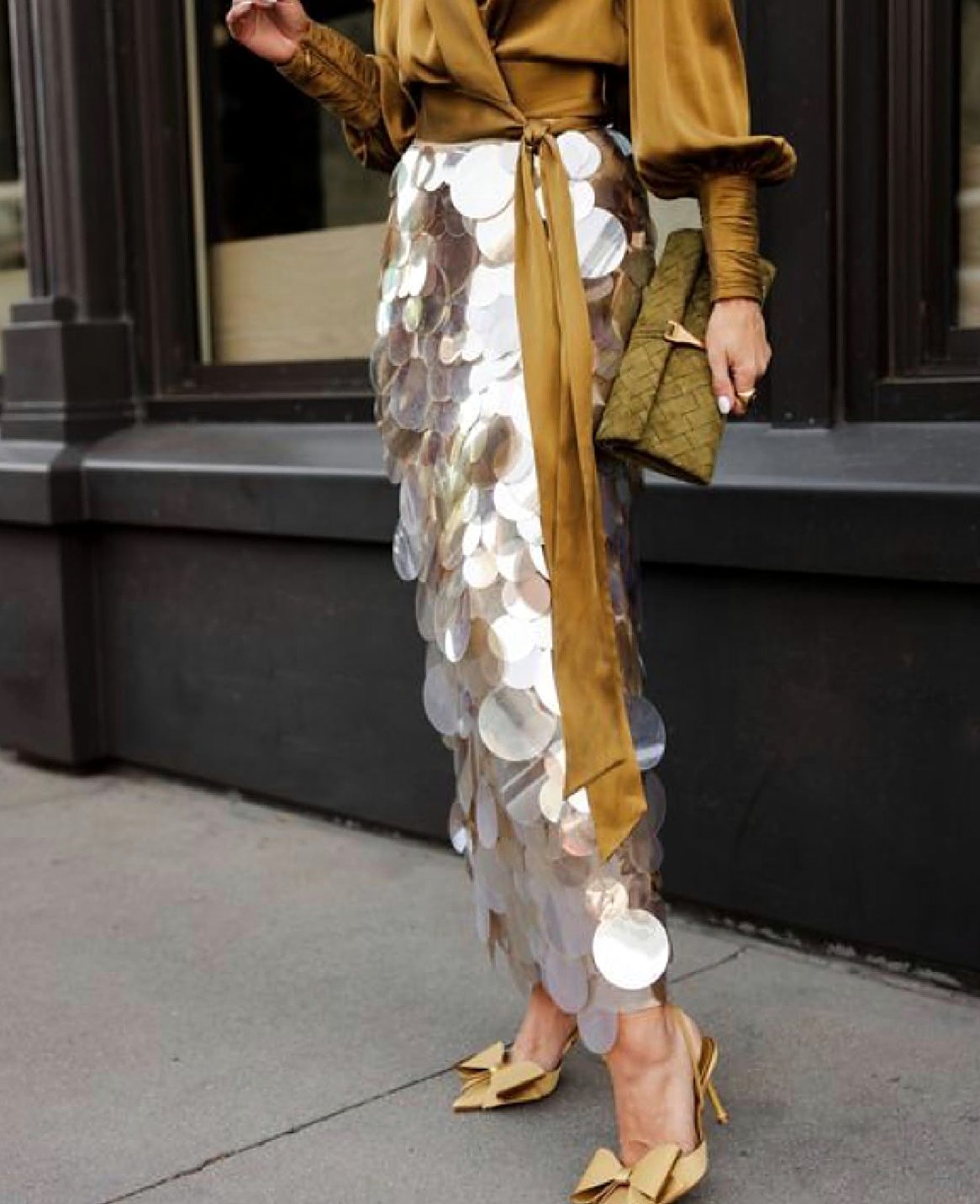 Gold silk blouse with a large paillette skirt