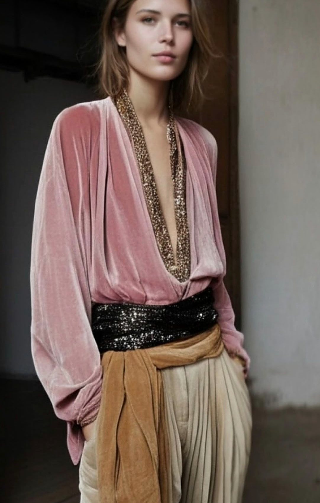 Rose velvet blouse with a sequin sash