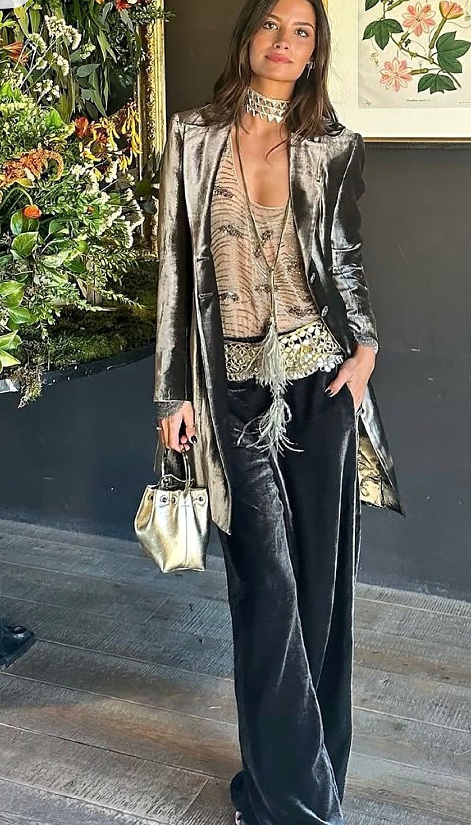 Metallic velvet coat with wide velvet trousers